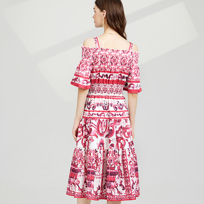 Off-Shoulder Strap Long Dress - Elastic Waist, Digital Print