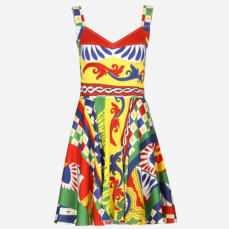 Colorful Printed Slim High-Waist Dress - Cami A-Line Mini Skirt