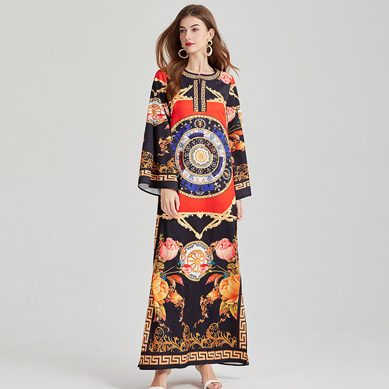 Vintage Print Long-Sleeve Dress - Round Neck, Side Slit, Plus Size