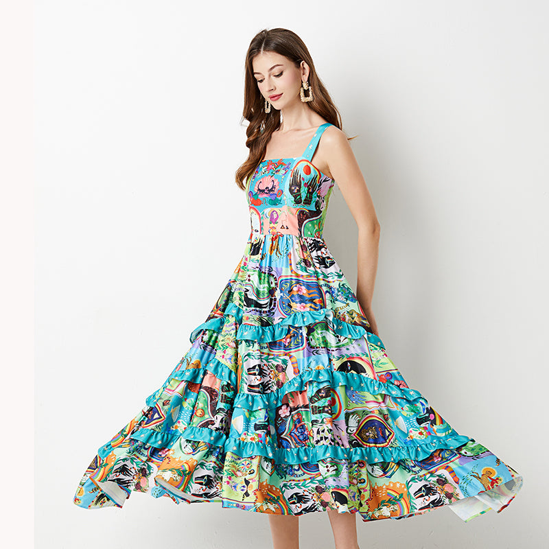 Fashionable Printed Tiered Cake Dress - Slim High-Waist A-Line