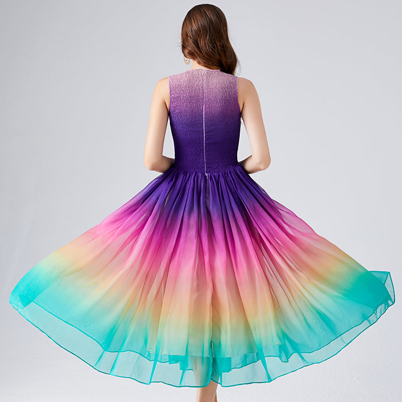 Rainbow Flowing Tencel Dress with Elastic Waist & Wide A-Line Skirt