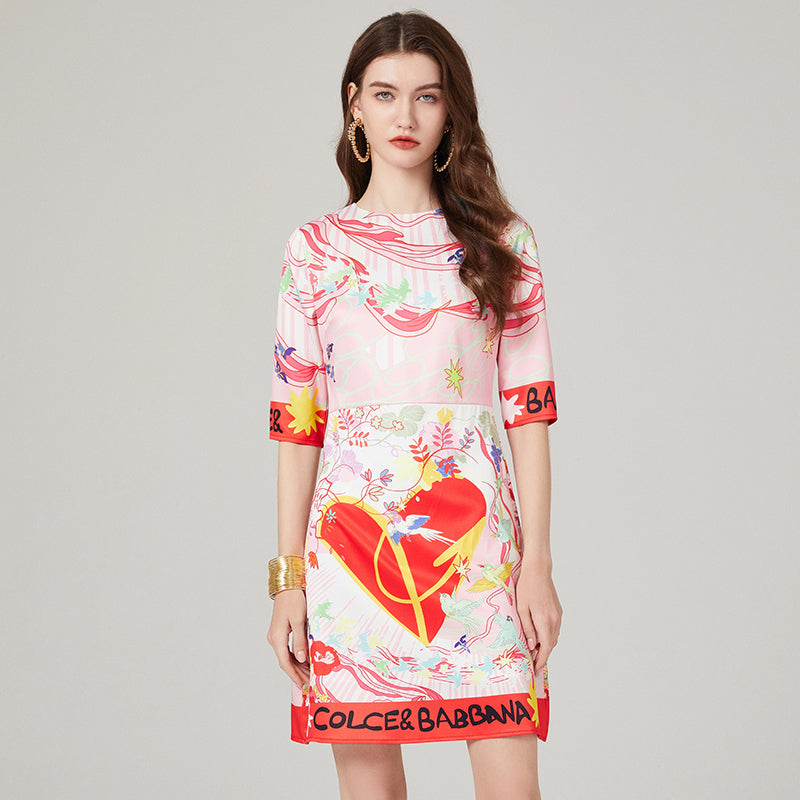 Trendy Mid-Sleeve Printed Dress - Round Neck, High Waist, A-Line Silhouette