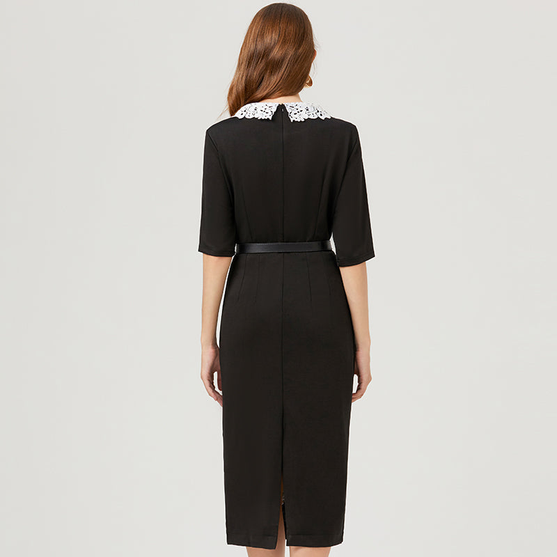 Soluble Lace Collared Embroidered Dress - Mid-Sleeve, Slit, with Belt