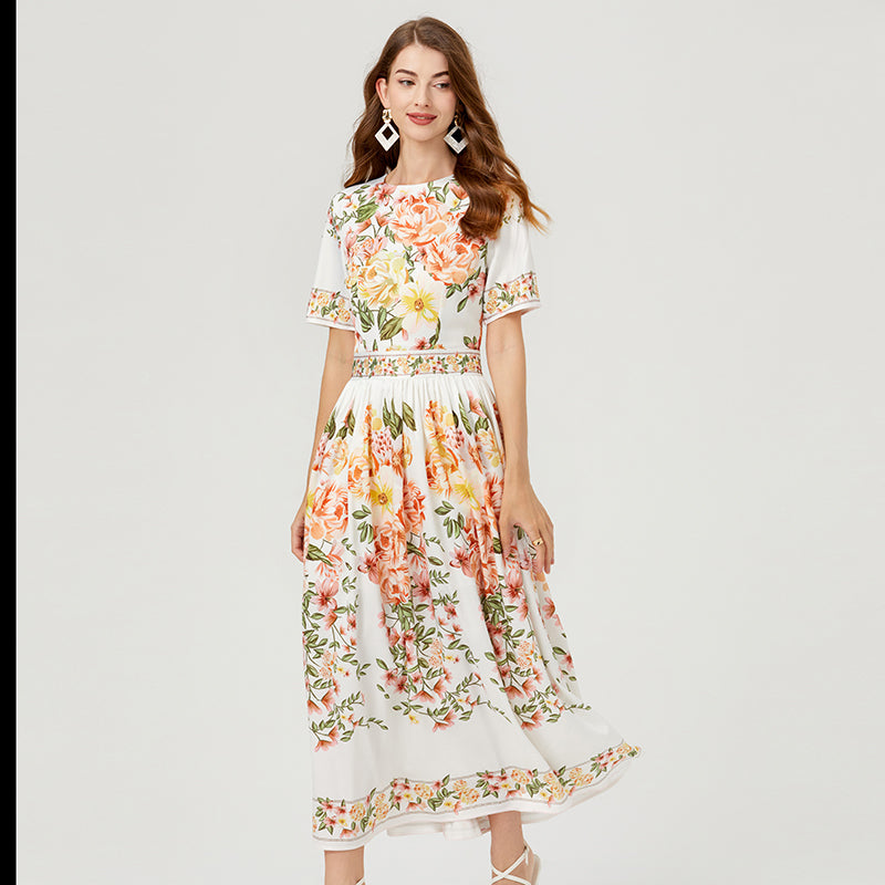 Floral Print High-Waist Cotton Dress - Wide Skirt, Short Sleeves