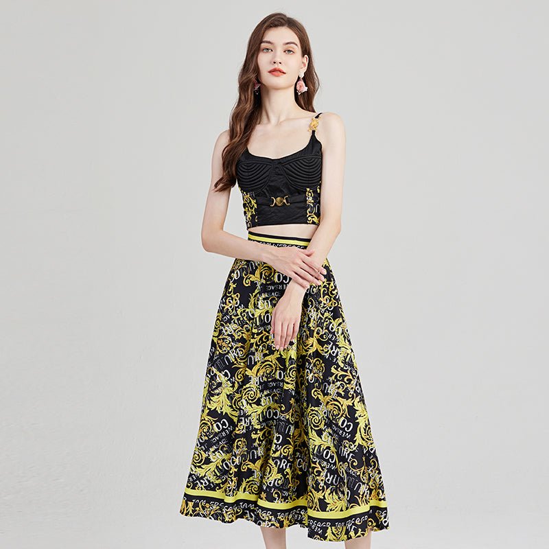 Baroque Style Strapless Top with Metallic Buckle & High-Waist Skirt Set