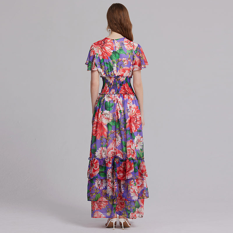 Floral Print Elastic High-Waist Maxi Dress - V-Neck, Ruffle Details