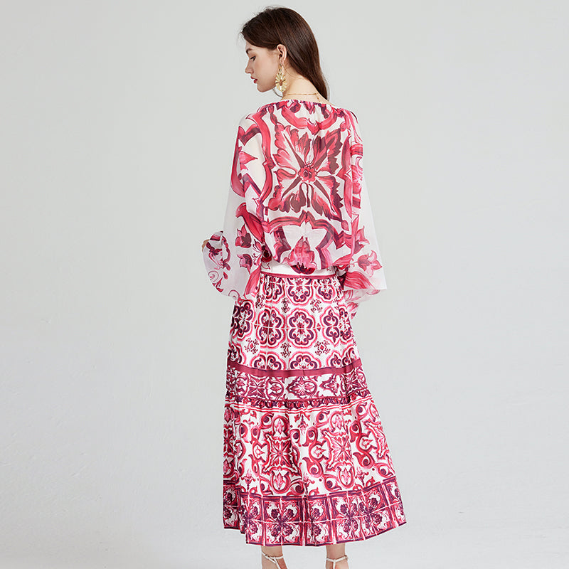 Printed Long-Sleeve Chiffon Blouse & High-Waist Skirt Set