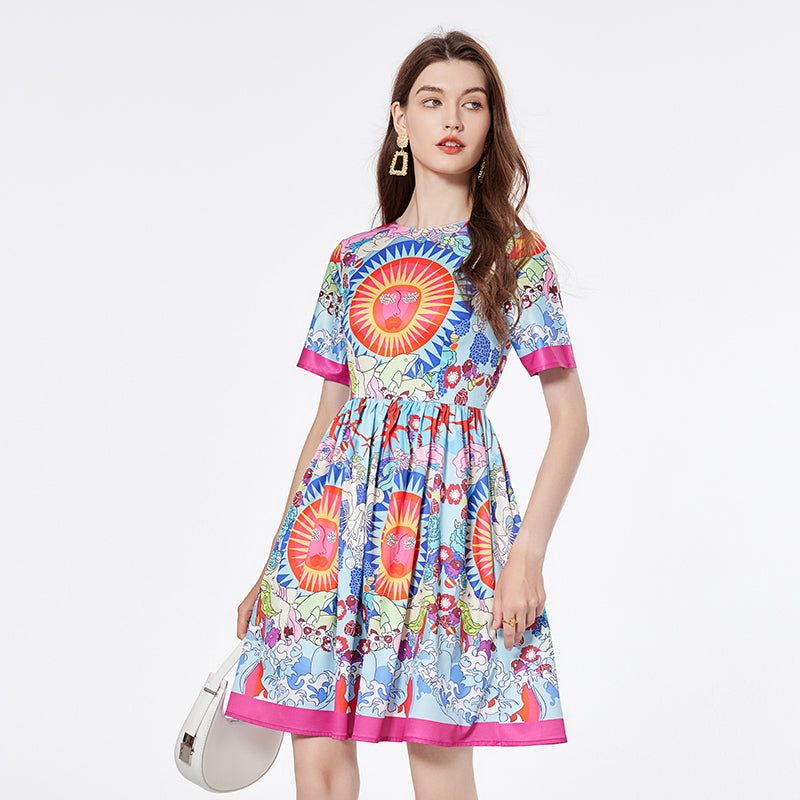 Chic Short Sleeve Printed Dress - High Waist, Round Neck, Flared Skirt