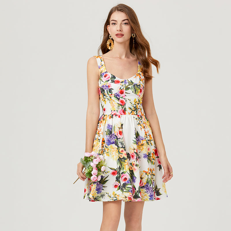 Trendy Printed Bustier Mini Dress - High-Waist, Stretch Back