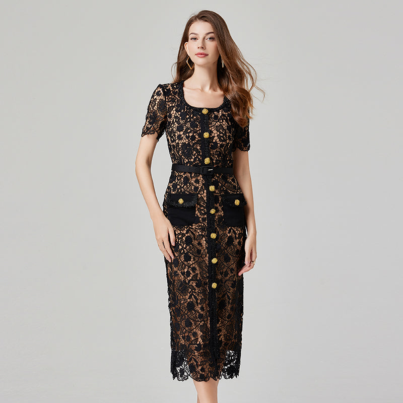 Trendy Hollow Lace Dress - Lightweight High-Quality Material, Medium Length Slim Fit