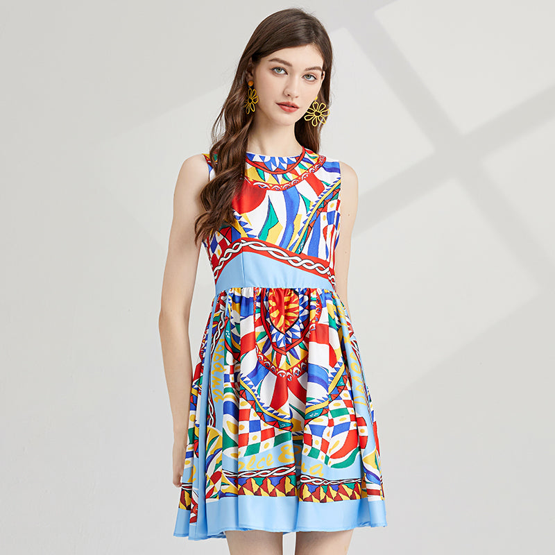 Elegant Round-Neck Baroque Print Slim-Fit Dress with Wide Skirt