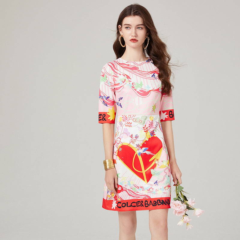 Trendy Mid-Sleeve Printed Dress - Round Neck, High Waist, A-Line Silhouette