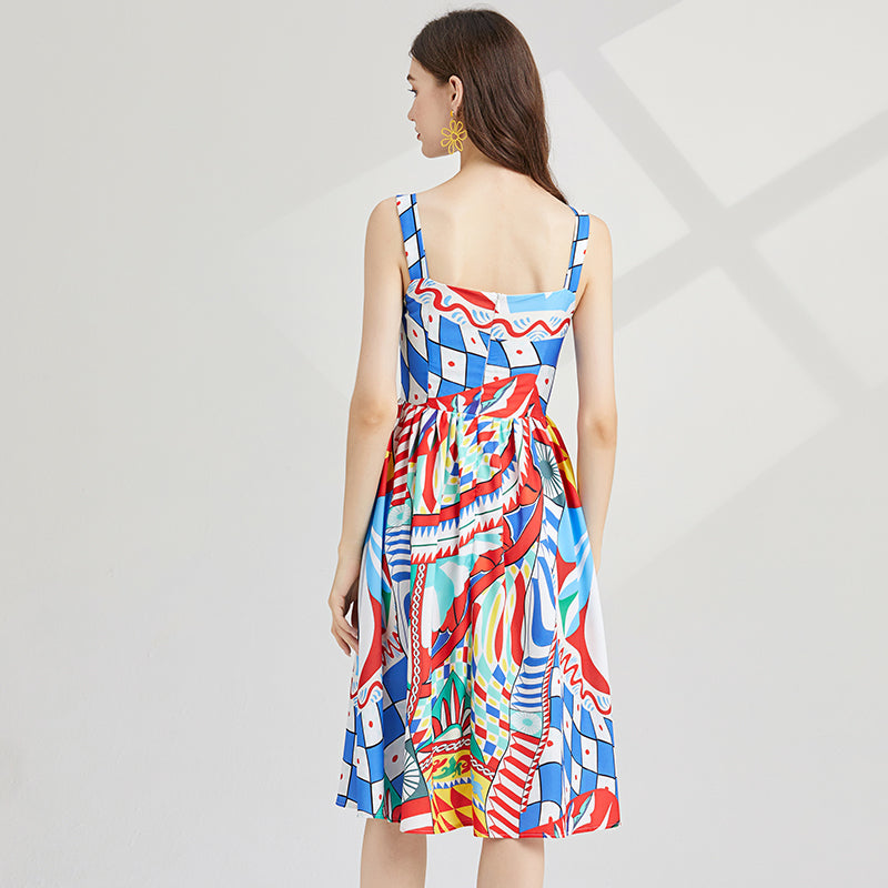 Runway Court Print Cami Dress - Slim High-Waist A-Line