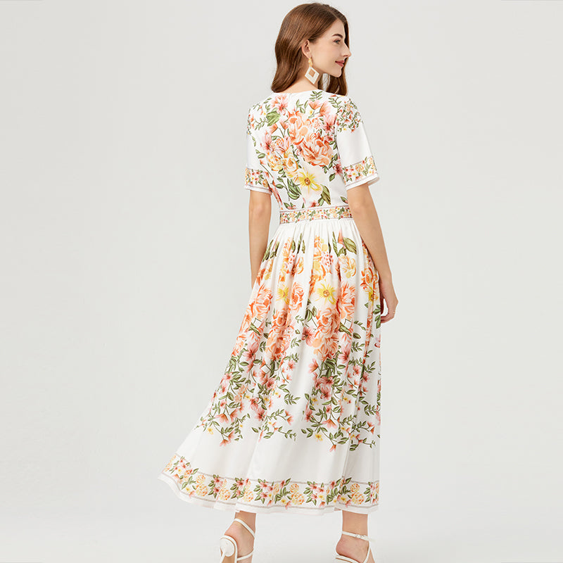 Floral Print High-Waist Cotton Dress - Wide Skirt, Short Sleeves