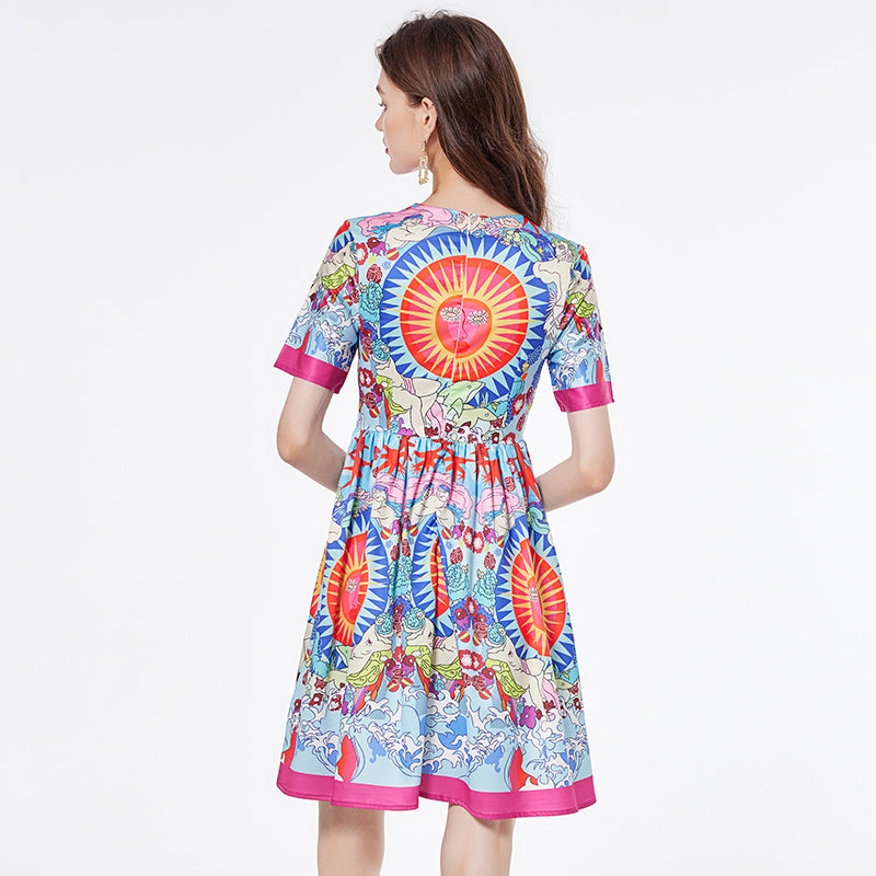 Chic Short Sleeve Printed Dress - High Waist, Round Neck, Flared Skirt