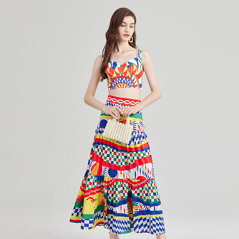 Printed Patchwork Strapless Top with Built-In Padding & Skirt Set