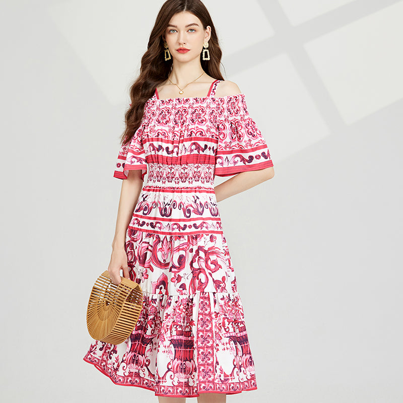 Off-Shoulder Strap Long Dress - Elastic Waist, Digital Print