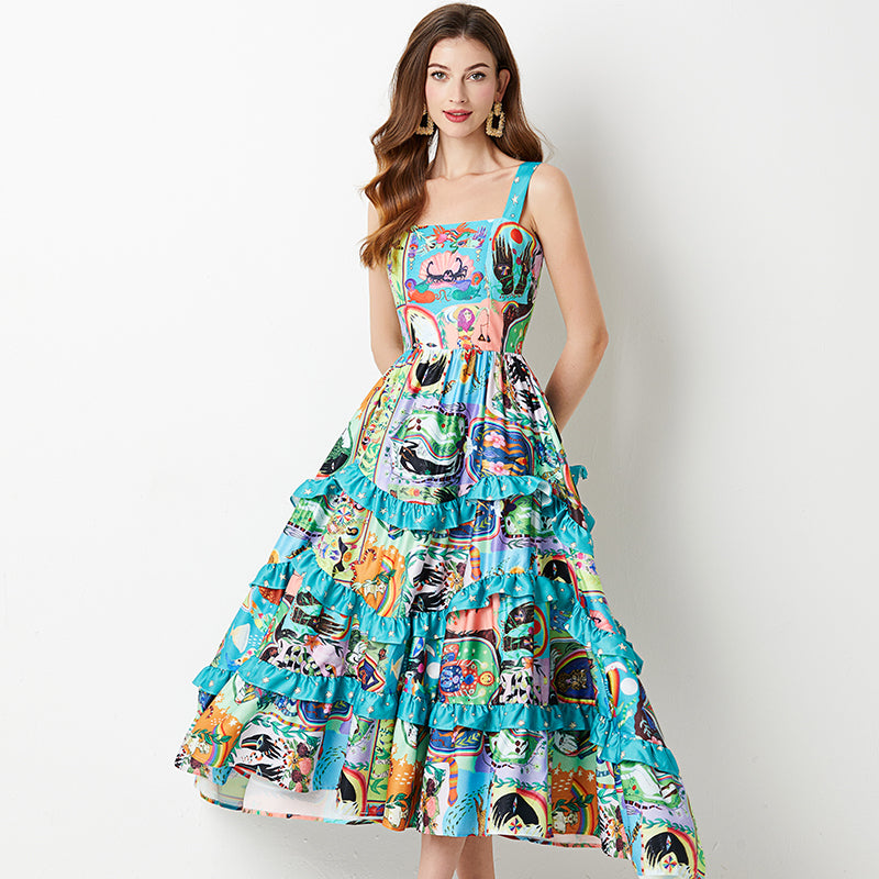 Fashionable Printed Tiered Cake Dress - Slim High-Waist A-Line