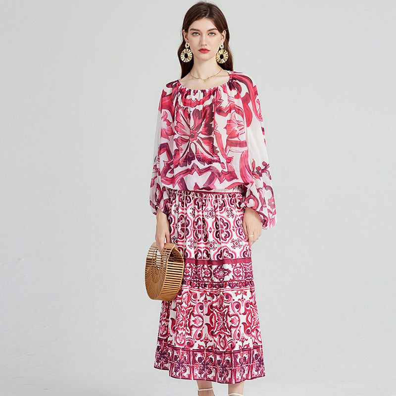 Printed Long-Sleeve Chiffon Blouse & High-Waist Skirt Set