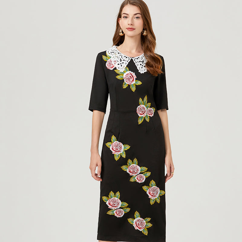 Soluble Lace Collared Embroidered Dress - Mid-Sleeve, Slit, with Belt