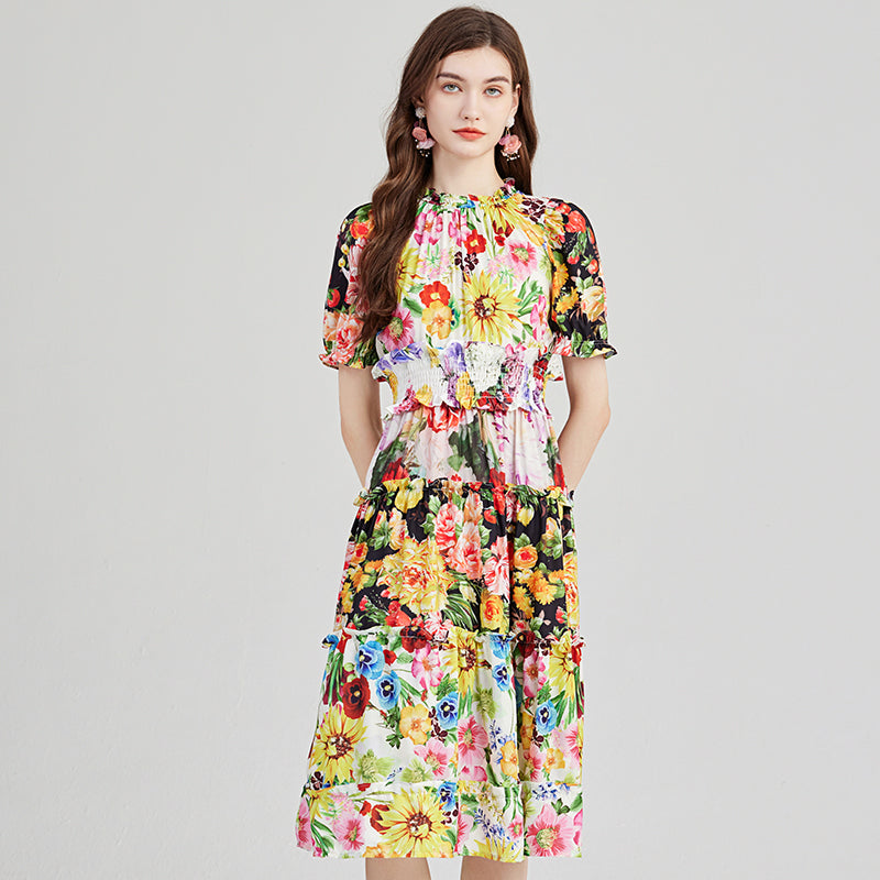 Quad-Color Print Dress with Contrast Ruffles - High Collar, Elastic Waist