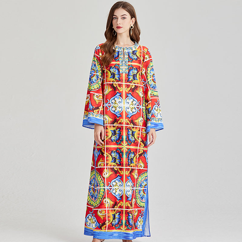 Vintage Print Long-Sleeve Dress - Round Neck, Side Slit, Plus Size