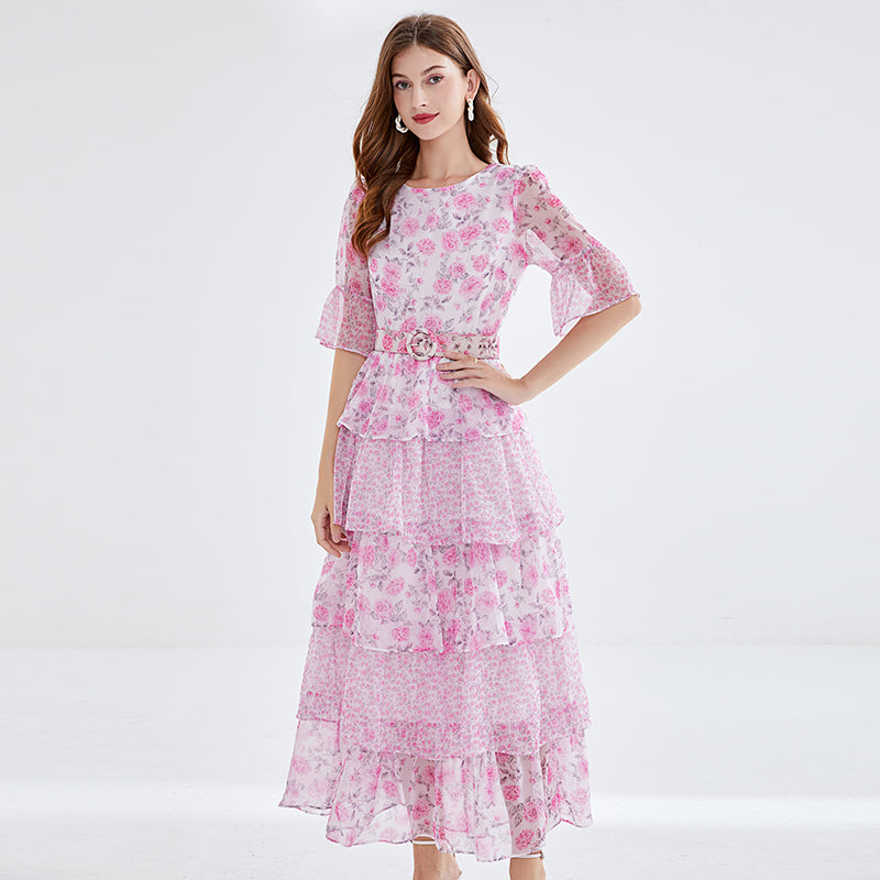 Luxury Printed Bell-Sleeve Cake Dress - Silk-Like Wide Skirt