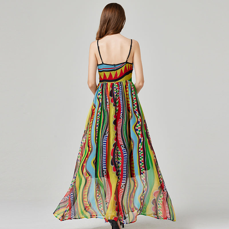 Sexy Cami Printed Tencel Dress - High Waist, Flared A-Line