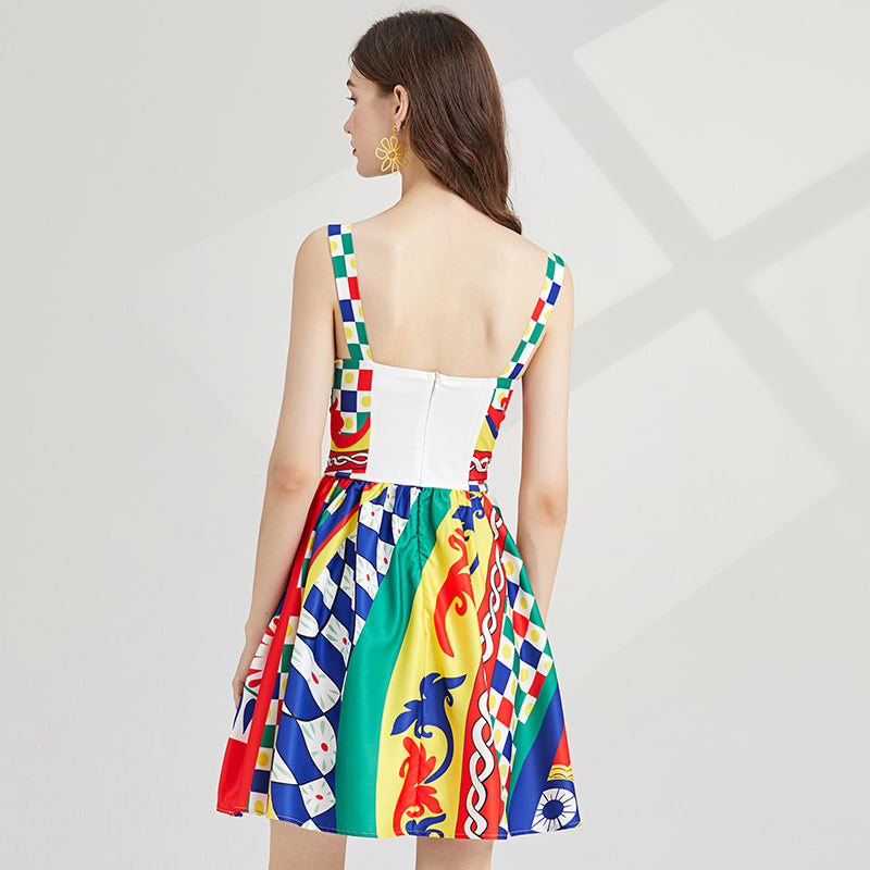 Colorful Printed Slim High-Waist Dress - Cami A-Line Mini Skirt