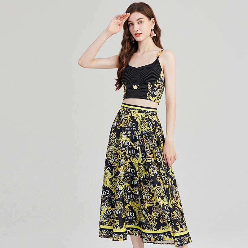 Baroque Style Strapless Top with Metallic Buckle & High-Waist Skirt Set