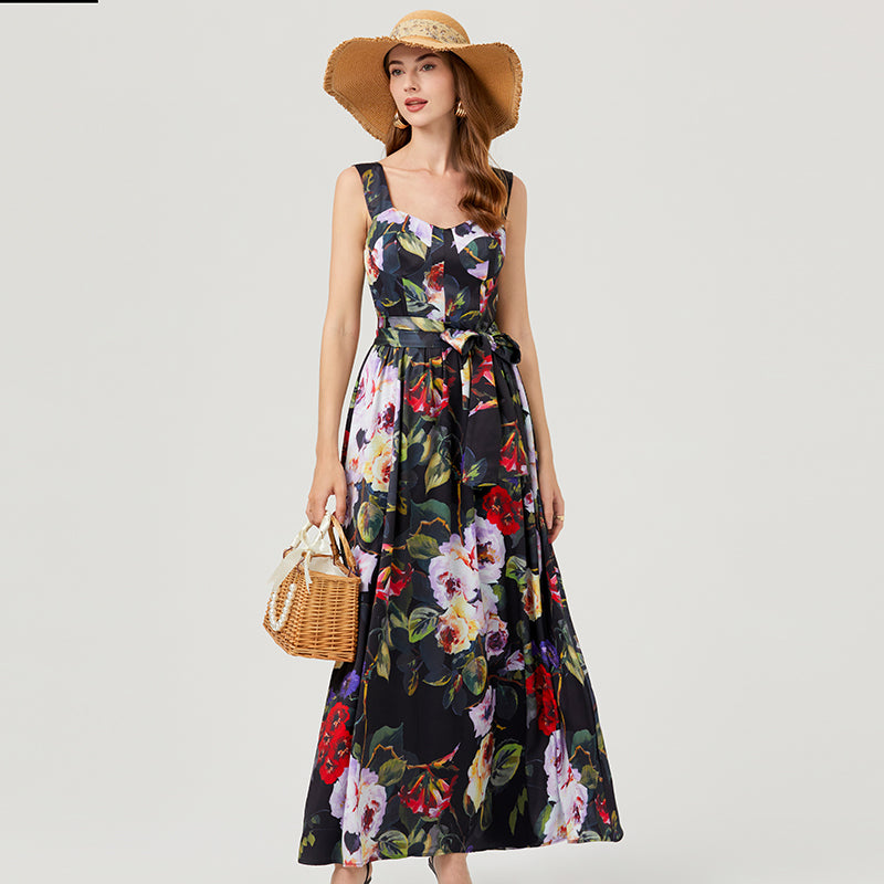 Elegant High-Waist Cami Dress with Padded Bust - Floral Embroidery